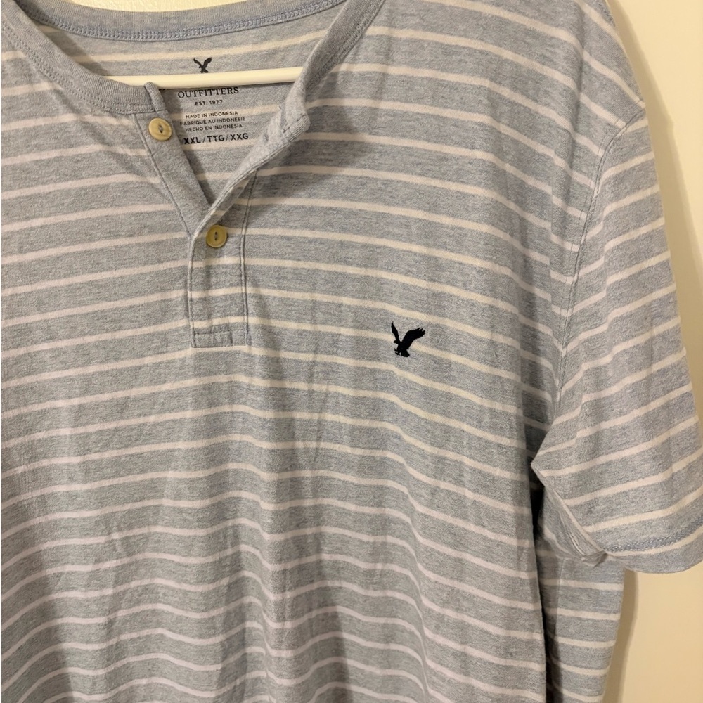 American Eagle Outfitters Gray and White Striped Henley Tee